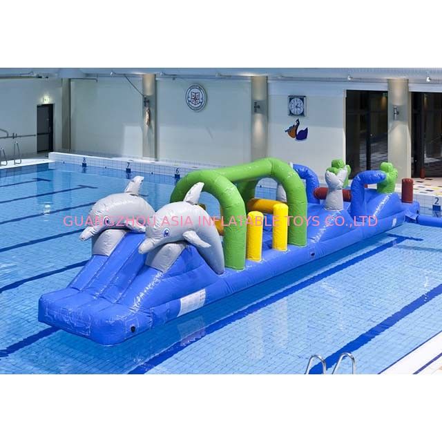 Colorful Double Dolphin 12m Aqua Run Inflatables , Blow Up Water Islands For Pool